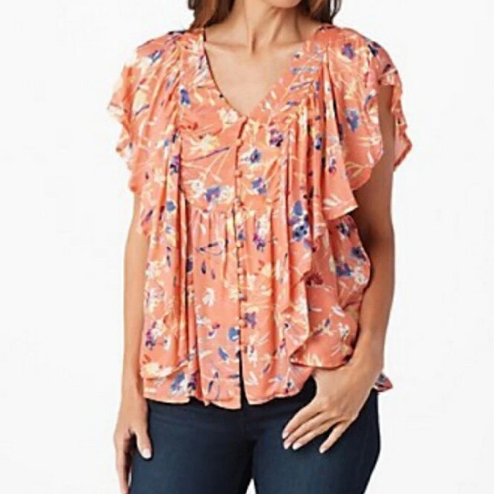 Haute Hippie Floral Flutter Sleeve Top Sz XXS